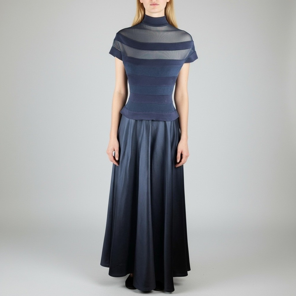 Tadashi Shoji Navy Sheer Mesh Panel Formal Gown Dress Womens Size 4 Vintage 90s